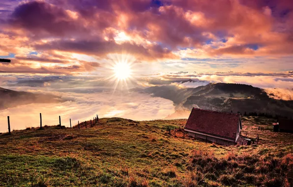 The sun, clouds, mountains, house, Switzerland