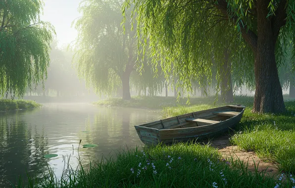 The sky, grass, water, the sun, trees, fog, pond, Wallpaper