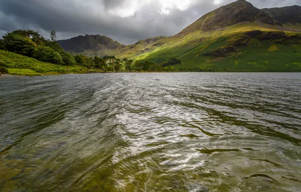 Greens, trees, mountains, clouds, lake, rocks, England, Buttermere