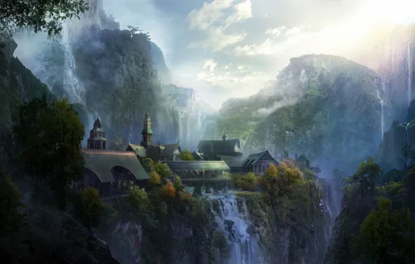 Landscape, mountains, the city, art, The Lord of the Rings, Rivendell