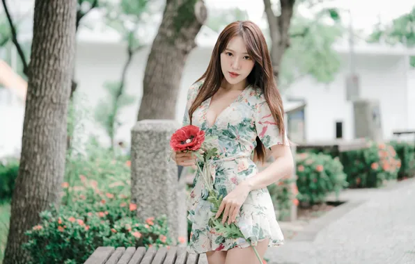 Picture flower, look, sexy, hair, Asian, dress