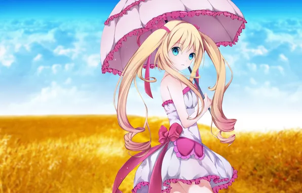 Field, the sky, girl, umbrella, sweetheart, dress