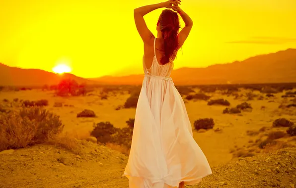 Picture summer, girl, sunset, desert, hair, back, hands, dress