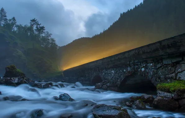 Road, light, landscape, night, bridge, river