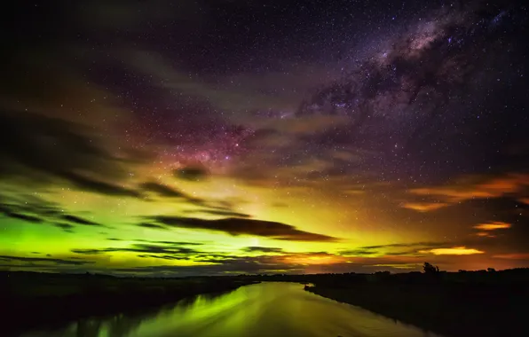 Picture stars, night, lights, river, New Zealand