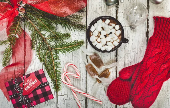 Spruce, candy, mittens, cocoa, mittens, marshmallows