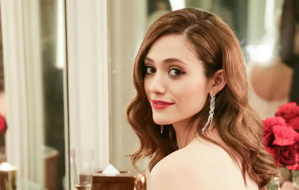 Flowers, smile, hair, actress, earrings, Emmy Rossum, Emmy Rossum