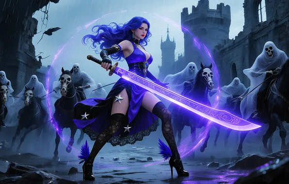 Picture monsters, warrior, girl, sword, battle, fantasy