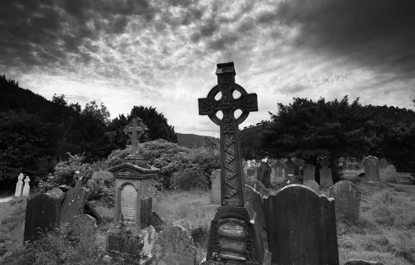 Group of an old graves on traditional Christian European cemetery.  Halloween wallpaper. Rest in peace. Scary