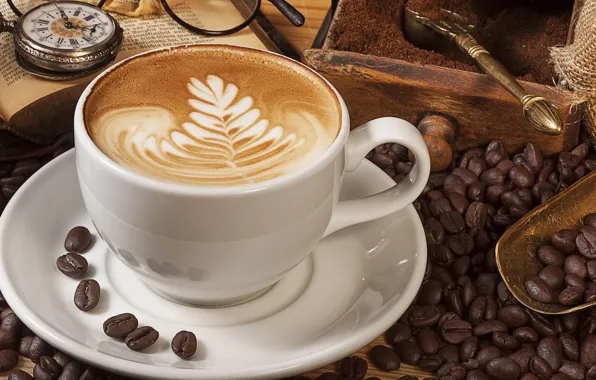 Watch, coffee, grain, Cup, book