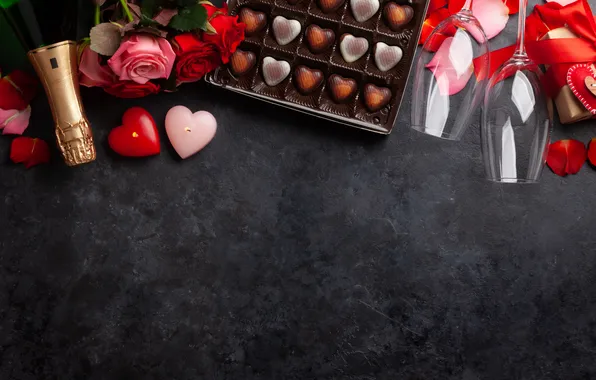 Love, flowers, gift, romance, roses, glasses, love, happy