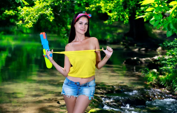 Blouse, nature, water, jeans, outdoor, strip, Martina Mink, water gun