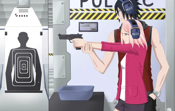 Gun, anime, Sakura, pair, two, Sasuke, Naruto, art