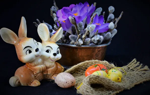 Flowers, branches, holiday, eggs, Easter, crocuses, fabric, rabbits