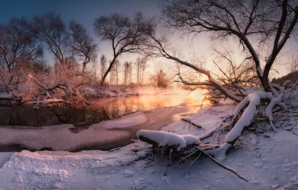Winter, sunset, river