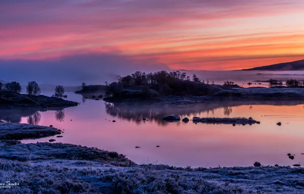 Frost, landscape, nature, fog, lake, morning, Scotland, Loh BA