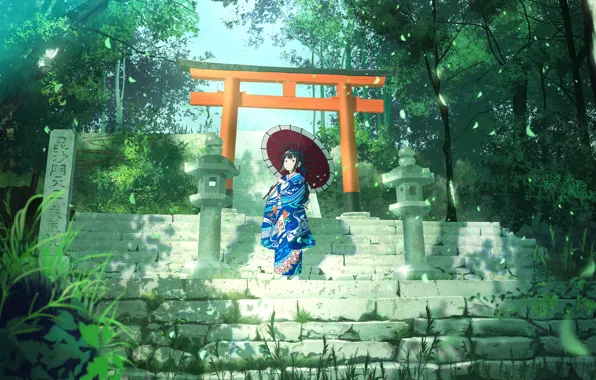 Greens, girl, umbrella, ladder, yukata