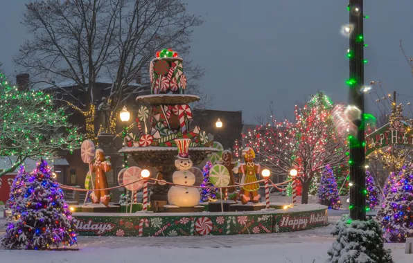 Winter, snow, trees, lights, holiday, fountain