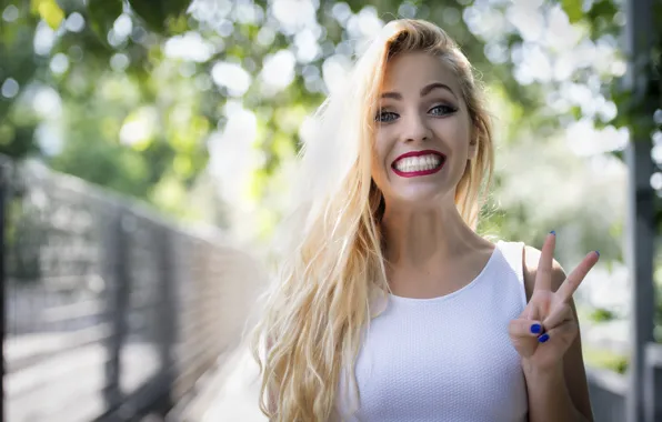 Look, face, smile, sign, teeth, hands, lipstick, lips