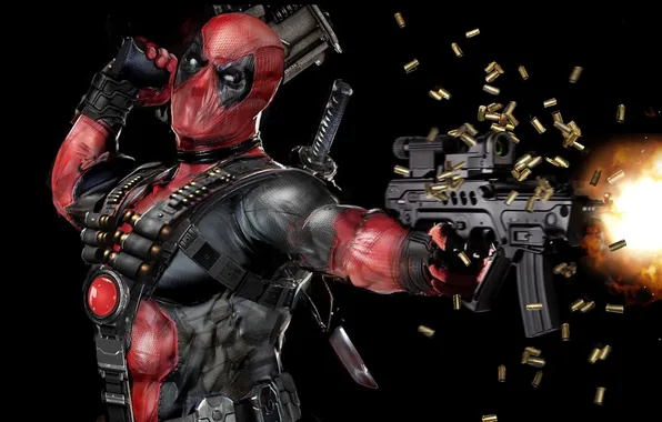 Picture look, weapons, the game, mask, art, costume, black background, deadpool