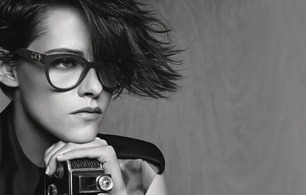 Girl, black and white, camera, actress, glasses, hairstyle, Kristen Stewart