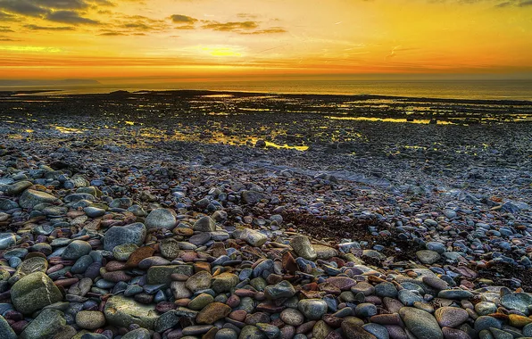 Picture sea, sunset, stones, coast, horizon