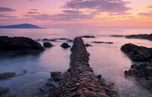 Picture sea, sunset, stones, track