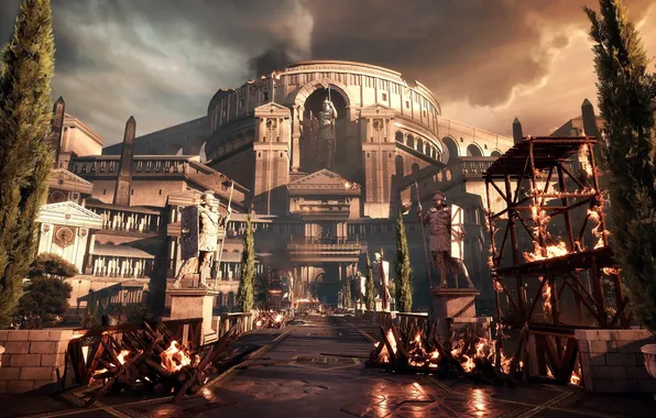 Picture City, Fire, Rome, Crytek, Microsoft Game Studios, Ryse: Son of Rome, Statues, Barricades