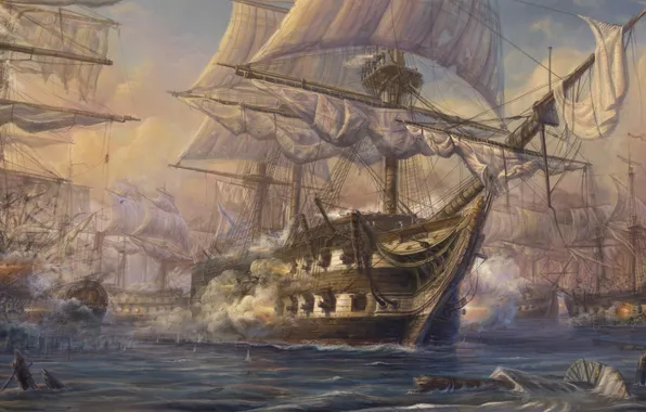 Sea, ships, gun, art, sails, painting, mast