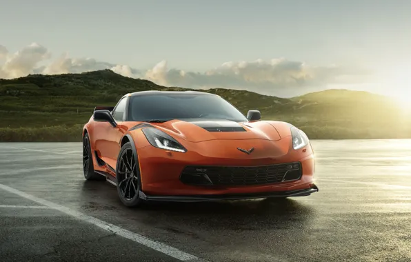 Road, the sun, light, orange, Chevrolet, Chevrolet, The Corvette Z06, Chevrolet Z06