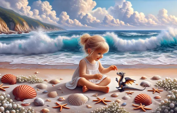 Beach, dragon, girl, shell