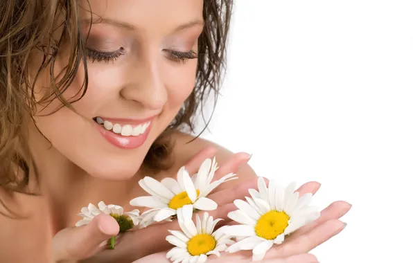 Girl, smile, chamomile, wildflowers, charm