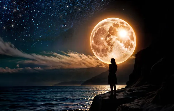 The sky, girl, stars, clouds, light, landscape, night, the moon