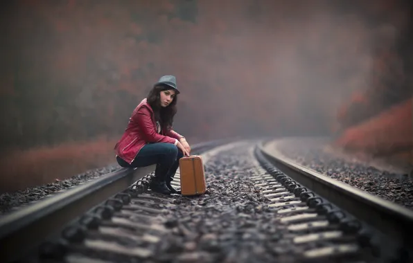 Picture girl, the way, rails, suitcase, waiting
