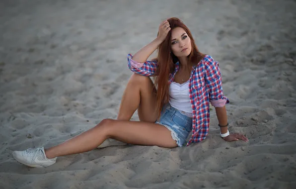 Sand, pose, shorts, Girl, sitting, Dmitry Shulgin, Elena Trakhtenberg (Lenny)