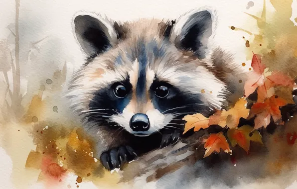 Autumn, look, leaves, figure, portrait, divorce, watercolor, raccoon