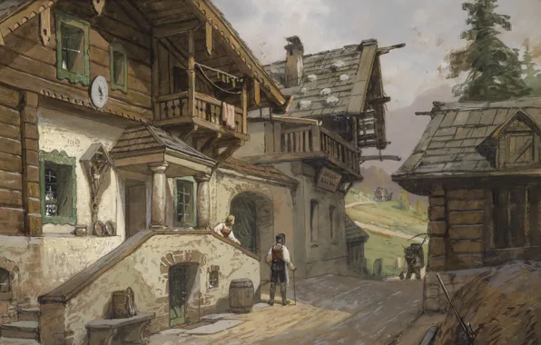 1935, Georg Janny, George Gianni, Austrian painter, Village street in the Alps, Village road in …