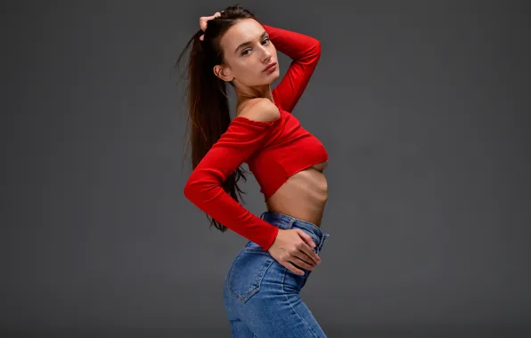 Red, woman, eyes, brown, model, smooth, lips, jeans