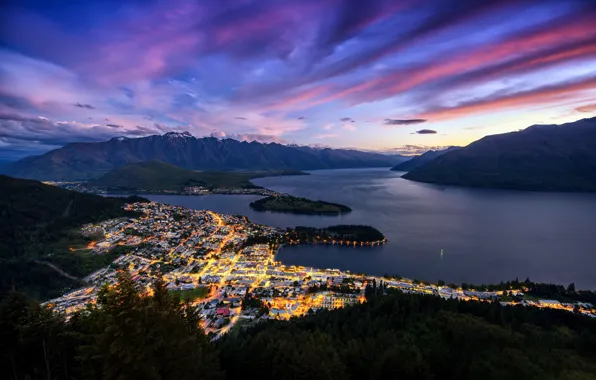 Light, mountains, the city, lights, New Zealand, Queenstown