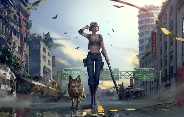 Girl, birds, weapons, dog, girl, shotgun, poster, cars