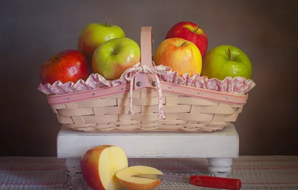 Apples, knife, still life, basket