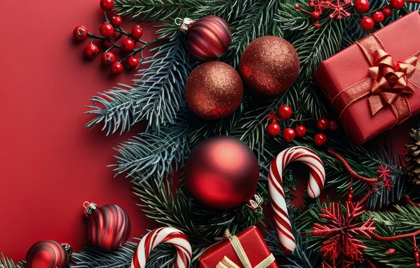 Balls, branches, berries, fruit, Christmas, gifts, red, New year