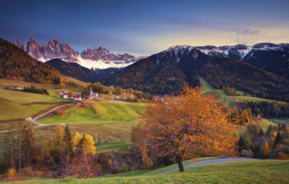 Autumn, snow, trees, mountains, home, Alps, Italy