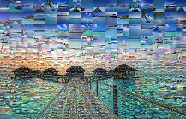Picture the ocean, collage, pier, The Maldives, Bungalow