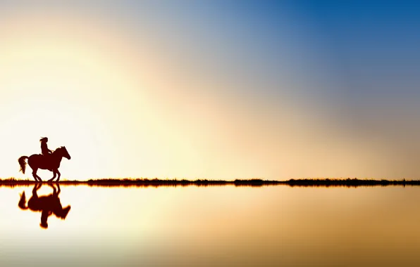 The sky, the sun, sunset, reflection, horse, silhouette, rider