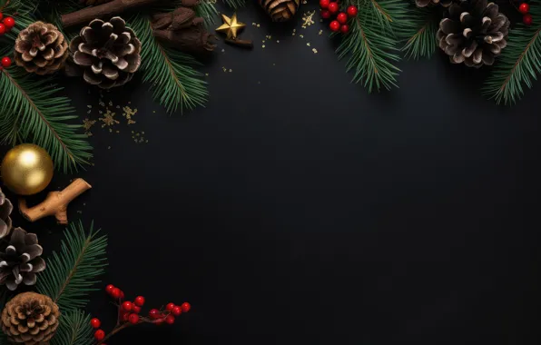 Branches, berries, the dark background, ball, fruit, Christmas, New year, black background