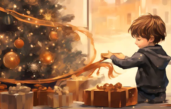 Picture Boy, Christmas, Child, New year, Tree, Gifts, Digital art, AI art