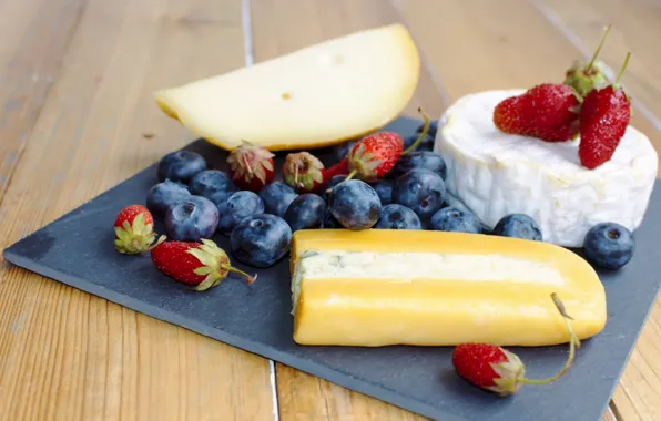 Berries, cheese, strawberry, still life, blueberries