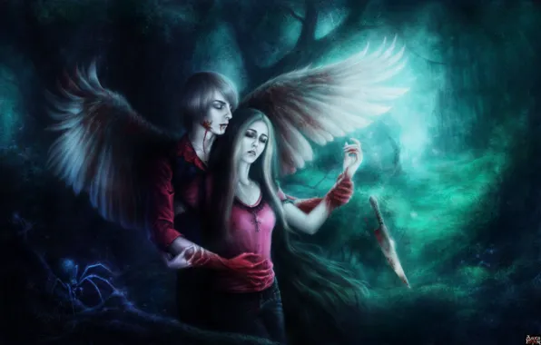 Picture forest, girl, blood, wings, spider, art, knife, guy
