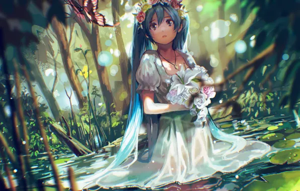 Water, girl, flowers, nature, butterfly, bouquet, anime, tears